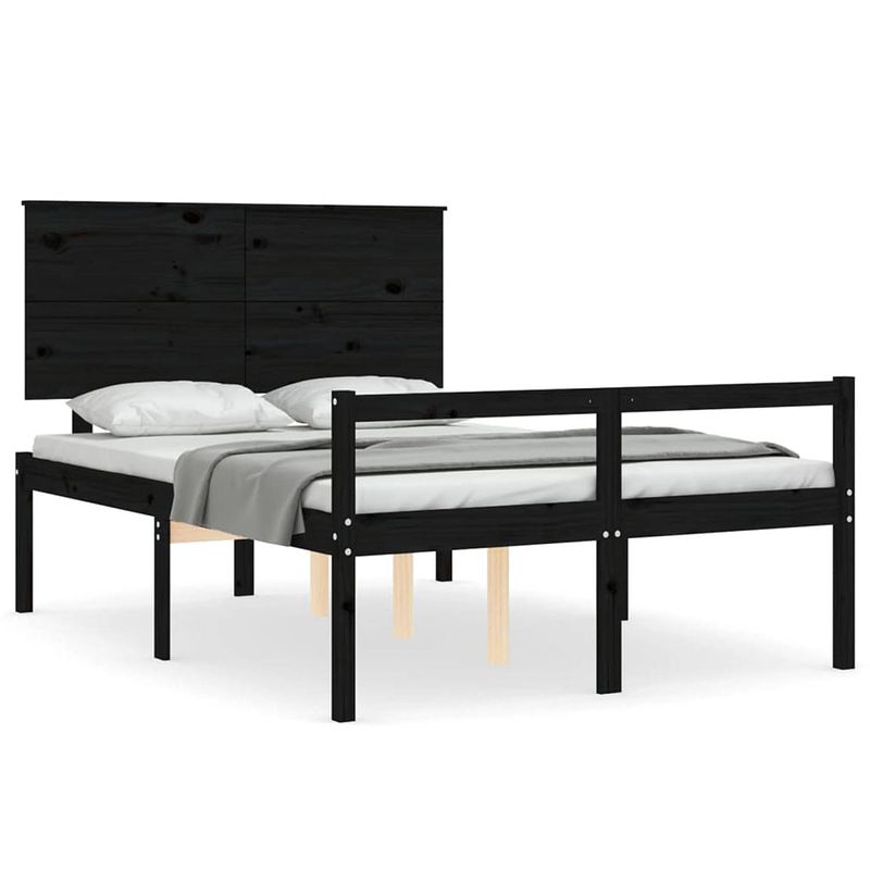 Foto van The living store massief grenenhouten bedframe - 205.5 x 145.5 x 82.5 cm - zwart - geschikt voor matras 140 x 200 cm -