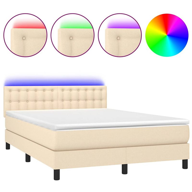 Foto van The living store boxspring bed - crème - 203 x 144 x 78/88 cm - verstelbaar hoofdbord - kleurrijke led-verlichting -