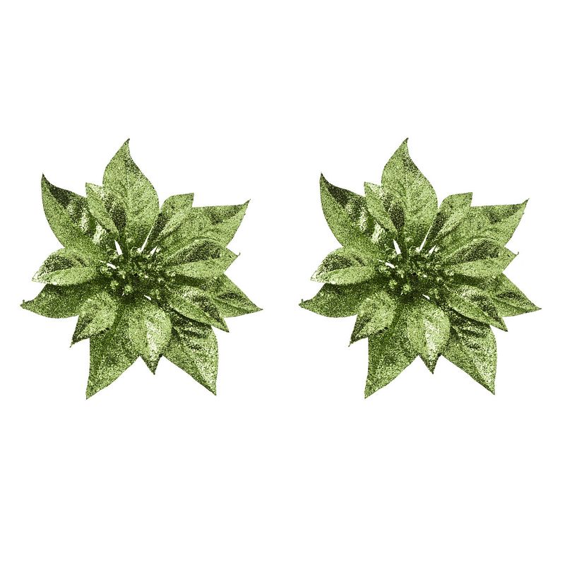 Foto van 2x stuks decoratie bloemen kerstster groen glitter op clip 18 cm - kersthangers