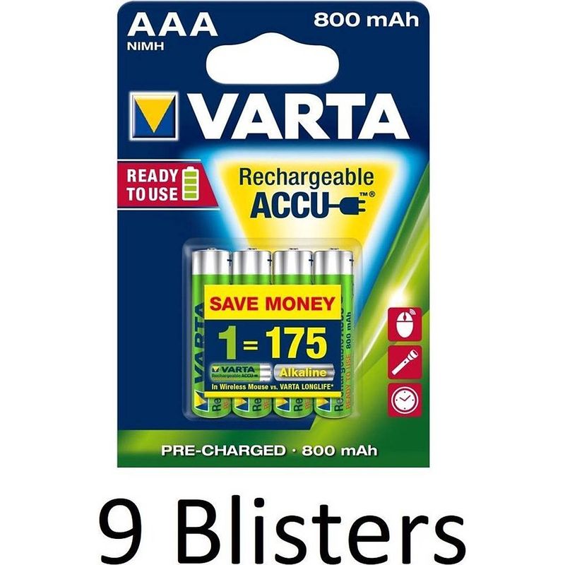 Foto van 36 stuks (9 blisters a 4 st) varta aaa oplaadbare batterijen - 800mah