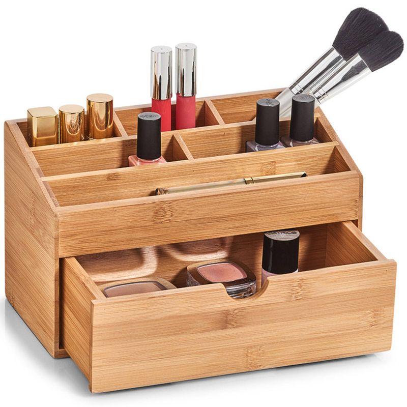 Foto van Make-uphouder/organizer 6-vaks met la kaptafel accessoires bamboe hout 25 x 12 cm - opbergbox