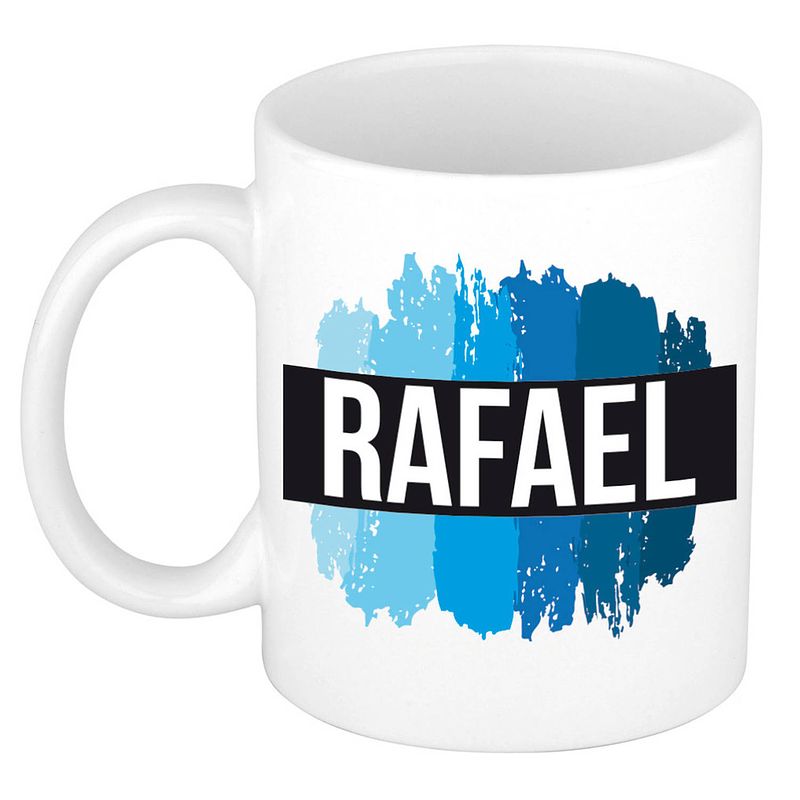 Foto van Naam cadeau mok / beker rafael met blauwe verfstrepen 300 ml - naam mokken