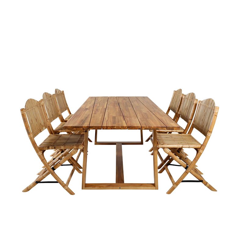 Foto van Plankton tuinmeubelset tafel 100x220cm en 6 stoel cane lichtgrijs, naturel.