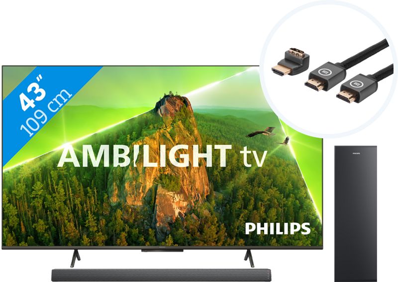 Foto van Philips 43pus8108 - ambilight (2023) + soundbar + hdmi kabel