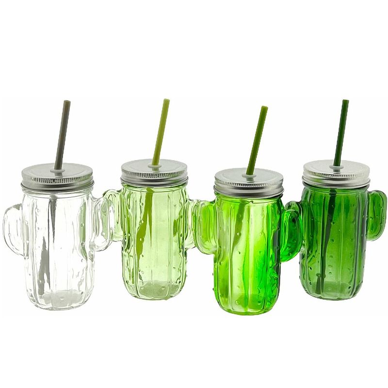 Foto van Glazen cactus drinkglas met deksel en rietje 350ml - 4 kleuren - 4 stuks