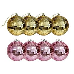 Foto van Kerstballen disco - 8x st - goud en roze - 8 cm - kunststof - kerstbal