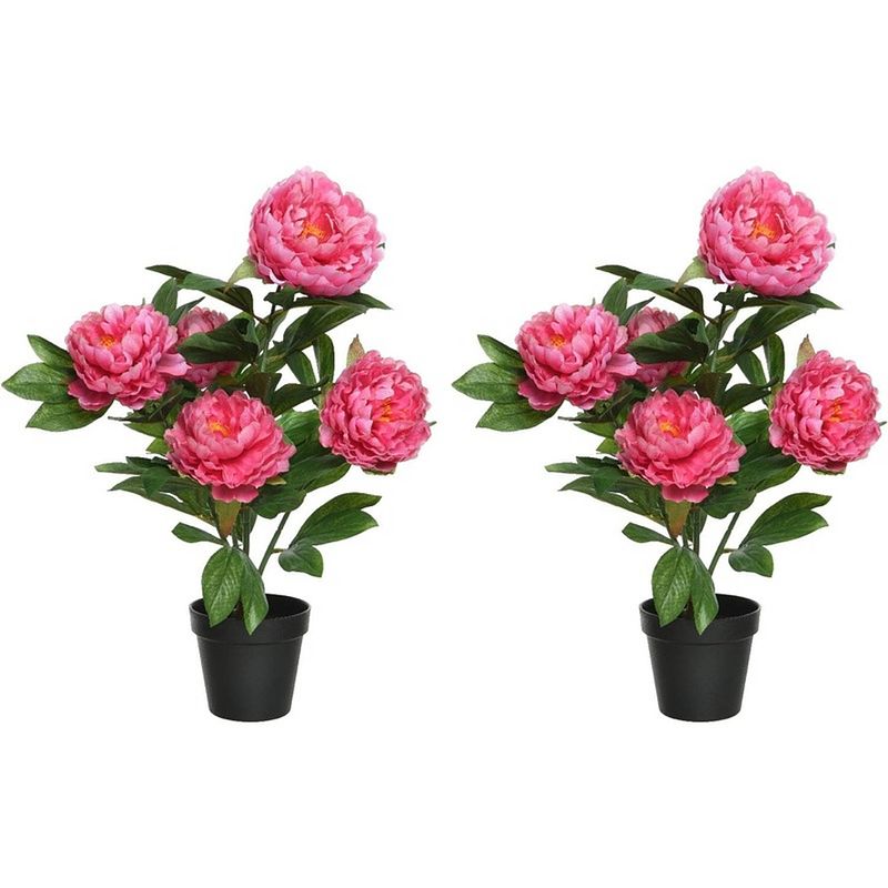 Foto van 2x roze paeonia/pioenroos rozenstruik kunstplanten 57 cm in zwarte plastic pot - kunstplanten/nepplanten - pioenrozen