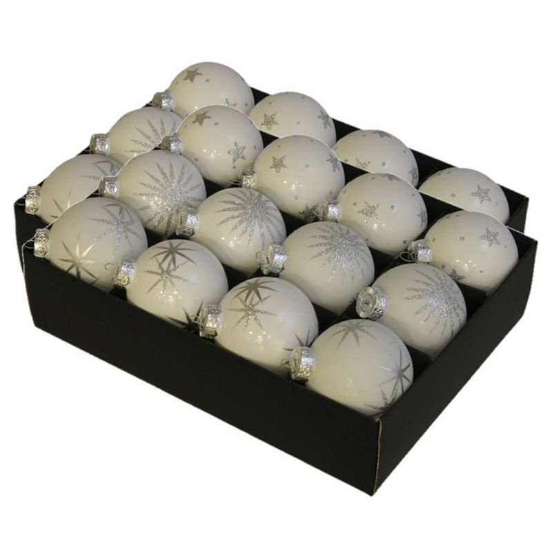 Foto van 24x luxe glazen sneeuwvlokken/sterren kerstballen wit 7,5 cm - kerstbal