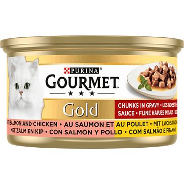 Foto van Purina® gourmet gold fijne hapjes in saus met zalm en kip 85g bij jumbo