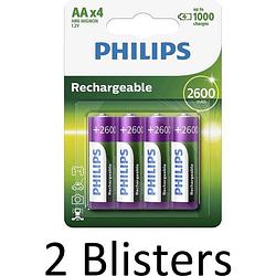 Foto van 8 stuks (2 blisters a 4 st) philips aa oplaadbare batterijen - 2500 mah