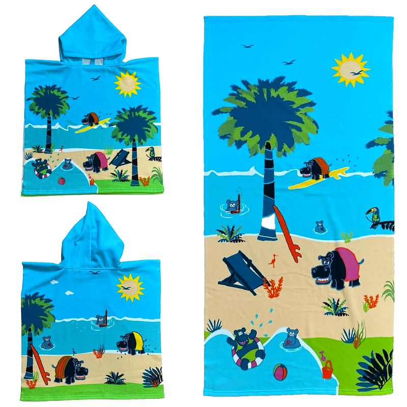 Foto van Set van bad cape/poncho met strand/badlaken microvezel - voor kinderen met nijlpaard - badcapes
