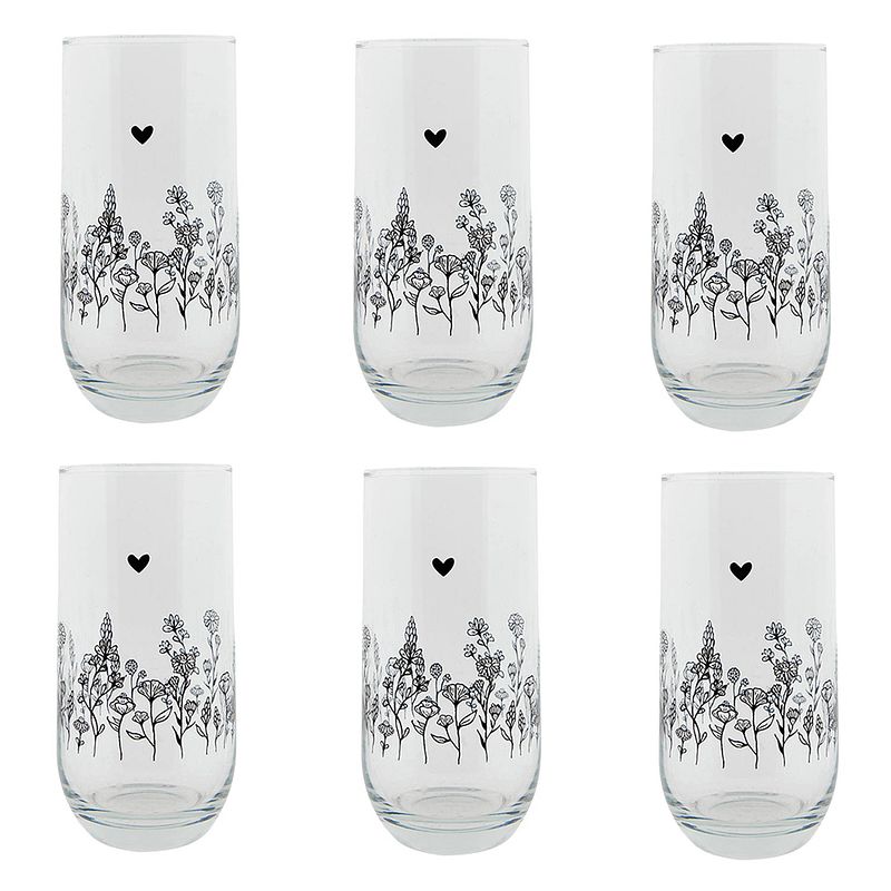 Foto van Haes deco - set van 6 waterglazen - ø 6x14 cm / 280 ml - glas - flora and fauna