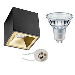 Foto van Opbouwspot set - pragmi cliron pro - gu10 fitting - opbouw vierkant - mat zwart/goud - verdiept - 90mm - philips -