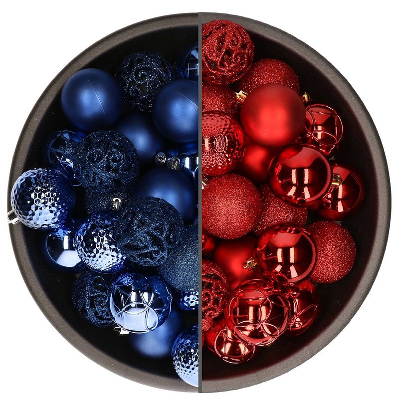 Foto van 74x stuks kunststof kerstballen mix van rood en kobalt blauw 6 cm - kerstbal