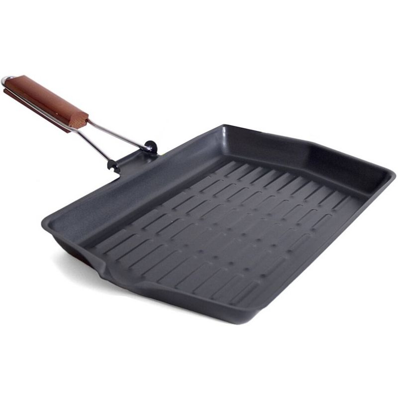 Foto van Zwarte grillpan/braadschaal 38 x 45 cm met anti-aanbak laag en houten handvat - grilpannen