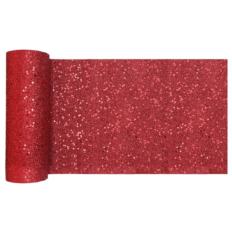 Foto van Kerst thema tafelloper op rol - rood glitter - smal 18 x 500 cm - polyester - tafellakens