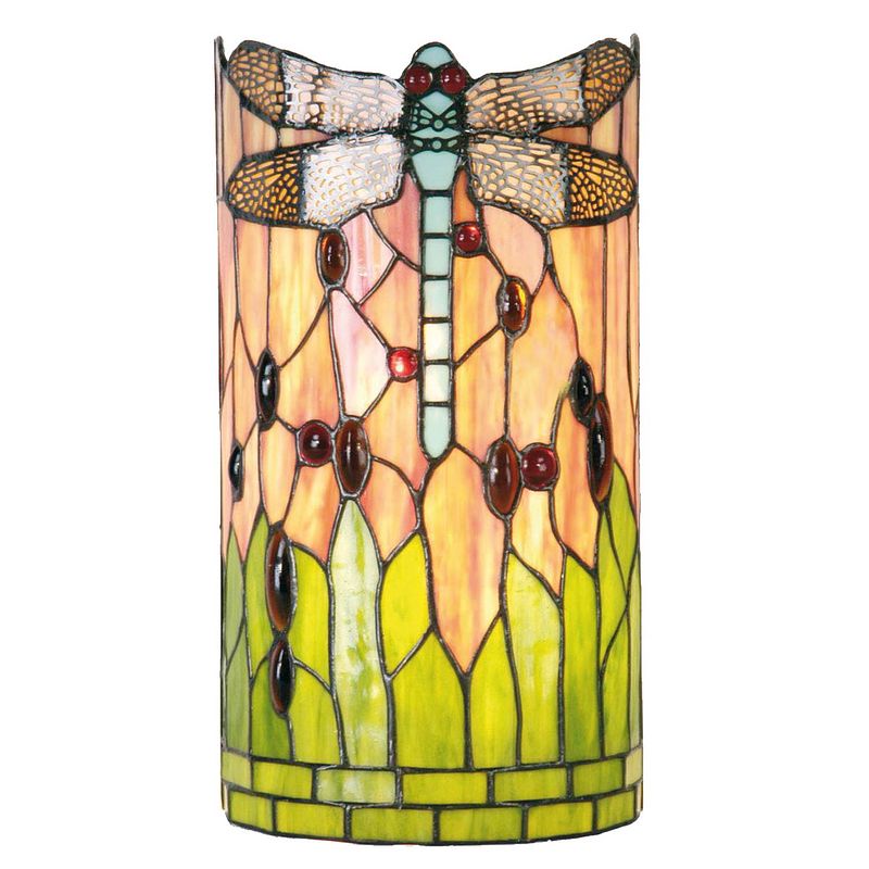 Foto van Clayre & eef tiffany wandlamp cilinder dragonfly blue serie - oranje, groen, multi colour - ijzer, glas