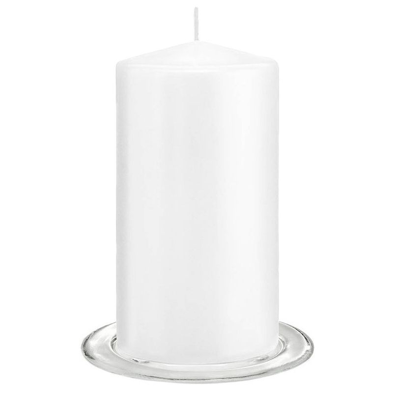 Foto van Trend candles - stompkaarsen met glazen onderzetters set van 2x stuks - helder wit 8 x 15 cm - stompkaarsen