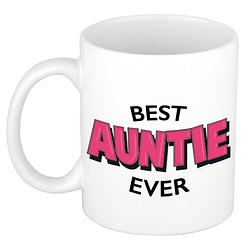 Foto van Best auntie ever cadeau mok / beker wit met roze cartoon letters 300 ml - feest mokken