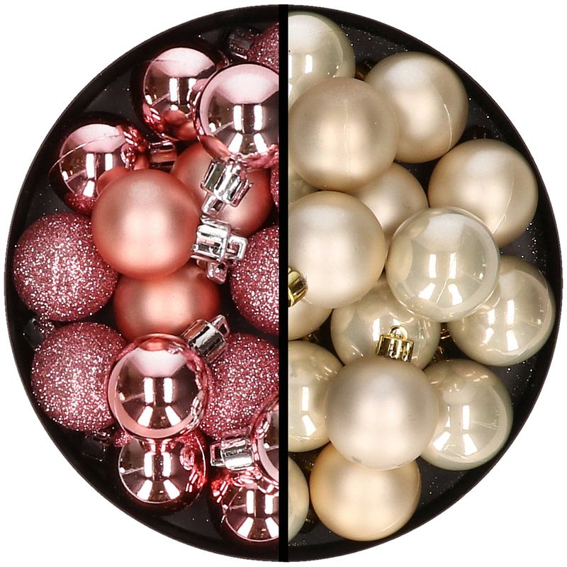 Foto van 36x stuks kunststof kerstballen roze en champagne 3 en 4 cm - kerstbal