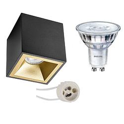 Foto van Opbouwspot set - pragmi cliron pro - gu10 fitting - opbouw vierkant - mat zwart/goud - verdiept - 90mm - philips -