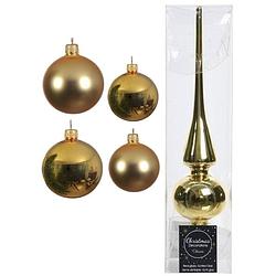 Foto van Glazen kerstballen pakket goud glans/mat 38x stuks 4 en 6 cm met piek glans - kerstbal