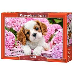 Foto van Castorland legpuzzel pup in pink flowers 500 stukjes