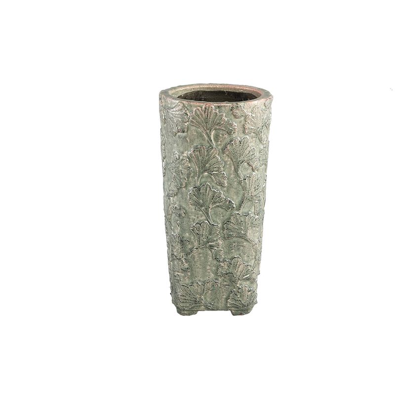 Foto van Ptmd serino grey ceramic pot leaves pattern round high