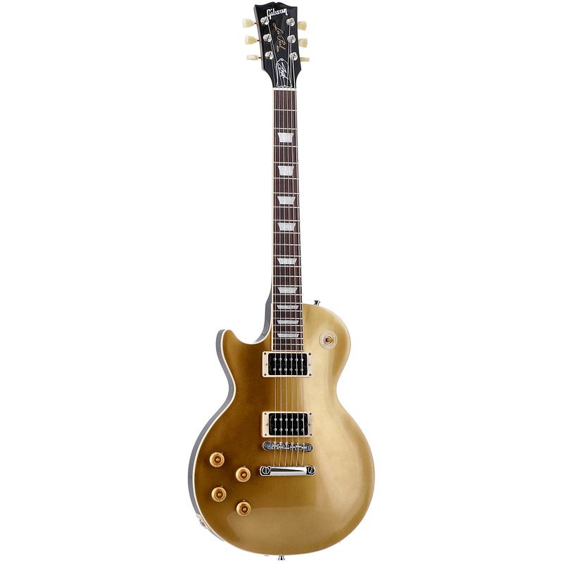 Foto van Gibson artist collection slash "victoria" les paul standard lh gold top linkshandige elektrische gitaar met koffer