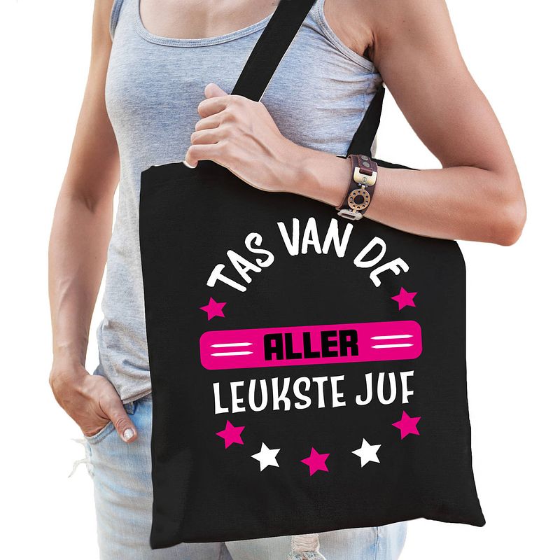 Foto van Bellatio decorations cadeau tas juf - zwart/fuchsia roze - 42 x 38 cm - tas van de aller leukste juf - feest boodschappe