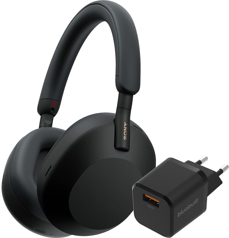 Foto van Sony wh-1000xm5 zwart + bluebuilt quick charge oplader met usb a poort 18w zwart