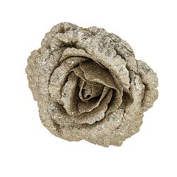 Foto van 1x stuks decoratie bloemen roos champagne glitter op clip 18 cm - kunstbloemen