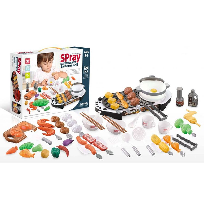 Foto van 69 delige speelgoedkeuken accessoire set met grillplaat en geluid en licht