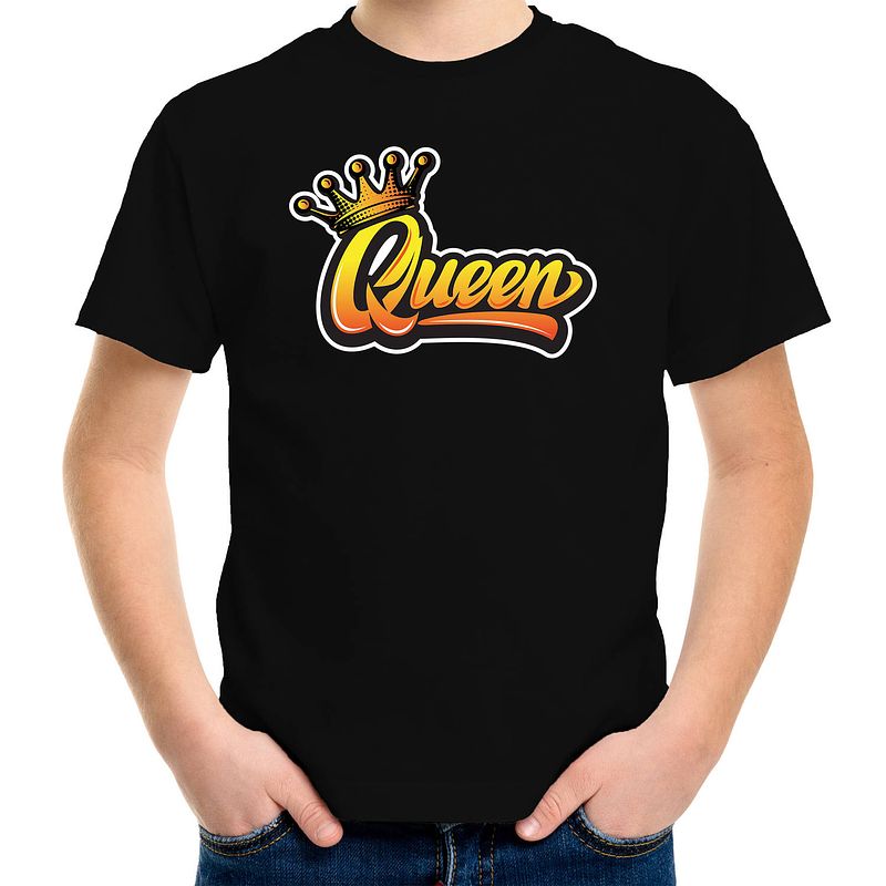 Foto van Koningsdag shirt zwart voor kinderen/ meisjes - queen met kroon xl (158-164) - feestshirts