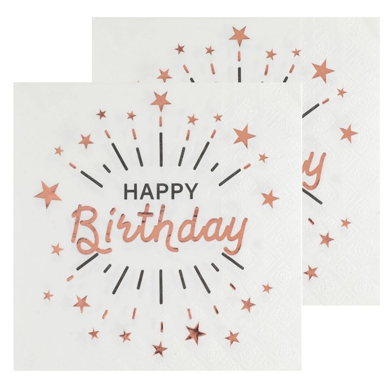 Foto van Verjaardag feest servetten happy birthday - 20x - rose goud - 33 x 33 cm - feestservetten