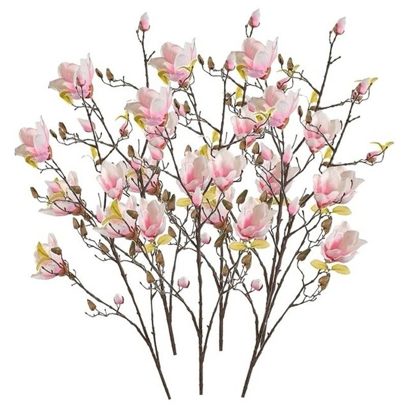 Foto van 6x roze kunst magnolia tak 105 cm - kunstbloemen