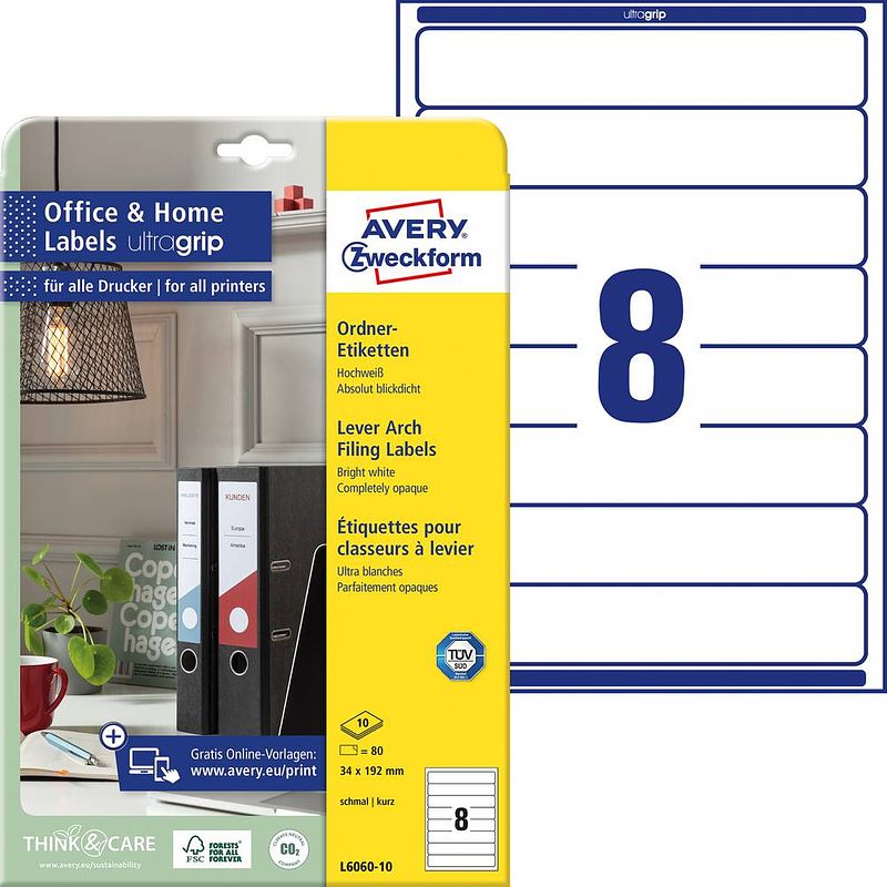 Foto van Avery-zweckform ordneretiketten l6060-10 34 x 192 mm papier wit permanent 80 stuk(s)