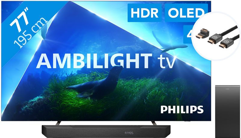 Foto van Philips 77oled808 - ambilight (2023) + soundbar + hdmi kabel