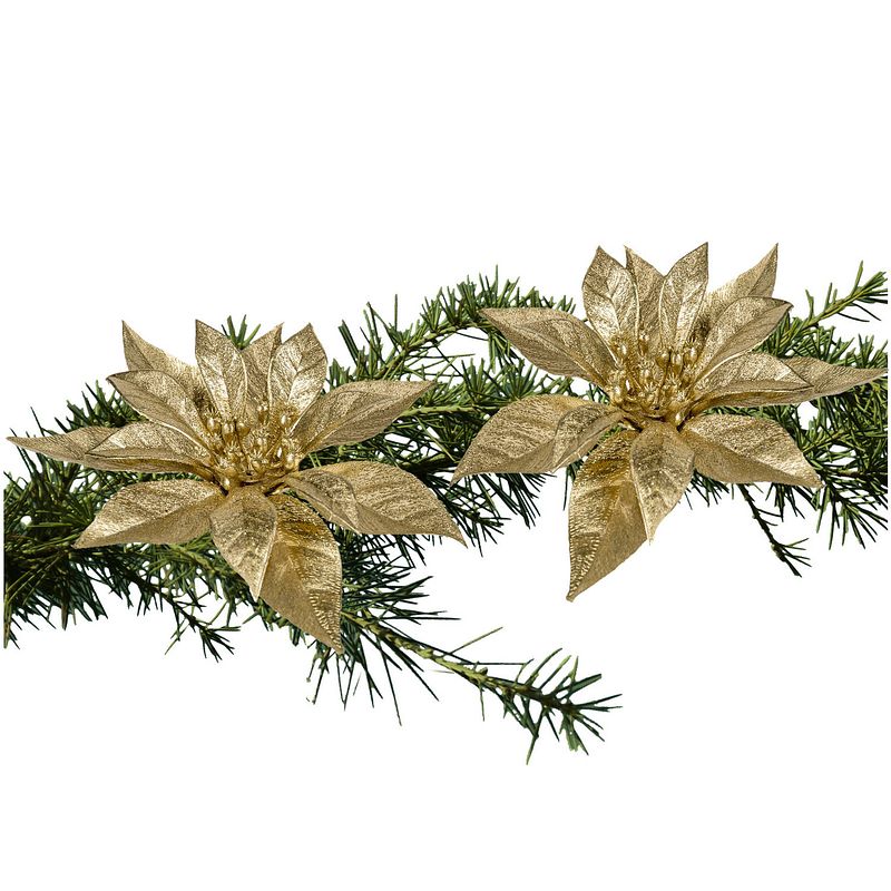 Foto van 2x stuks kerstboom bloemen kerstster goud glitter op clip 18 cm - kunstbloemen