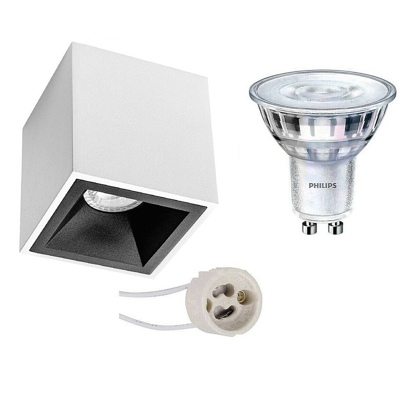 Foto van Opbouwspot set - pragmi cliron pro - gu10 fitting - opbouw vierkant - mat wit/zwart - verdiept - 90mm - philips -