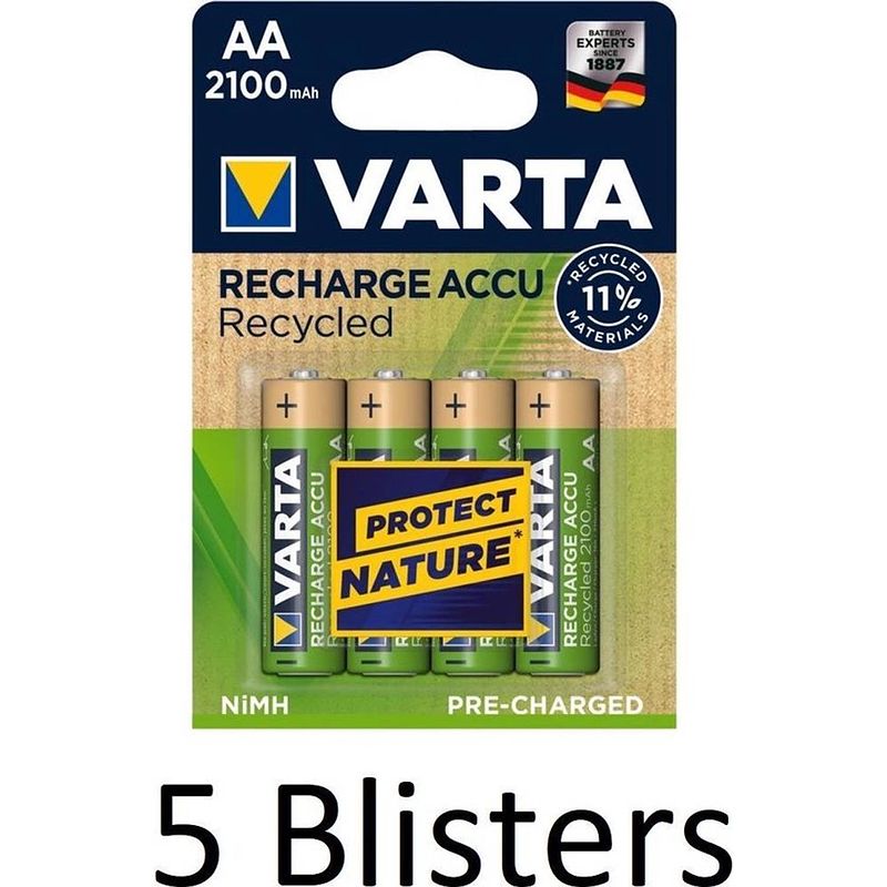 Foto van 20 stuks (5 blisters a 4 st) varta recycled aa oplaadbare batterijen - 2100 mah