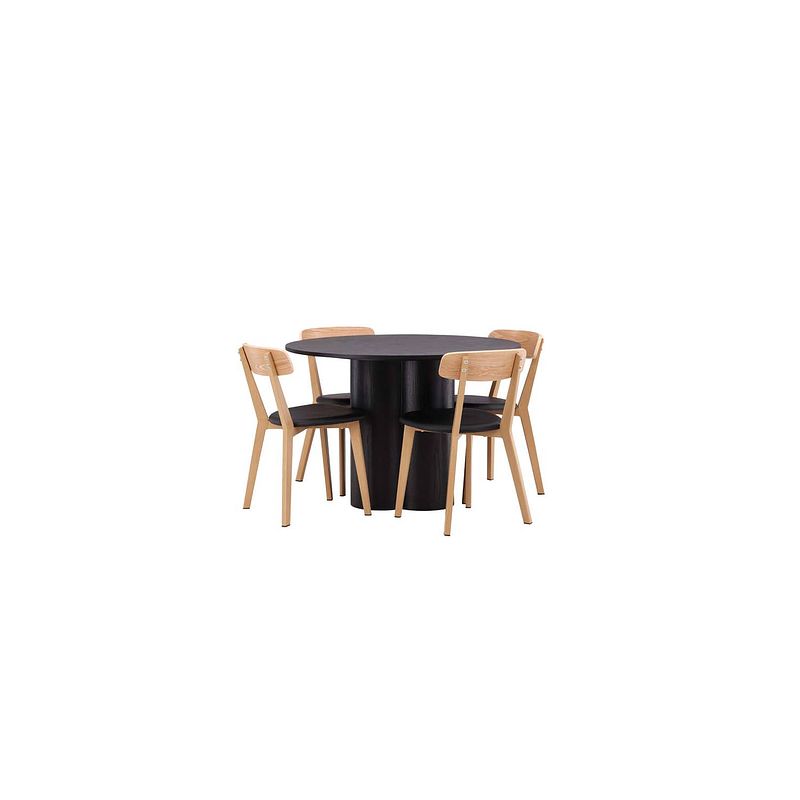 Foto van Olivia eethoek tafel zwart en 4 sanjos stoelen naturel.