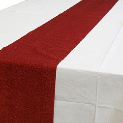 Foto van Wit tafelkleed 274 x 137 cm met rode tafelloper met glitters voor de kersttafel - tafellakens
