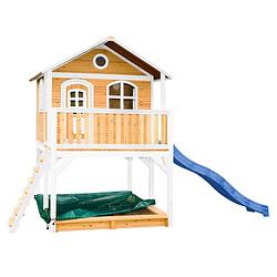 Foto van Axi marc speelhuis op palen, zandbak & blauwe glijbaan speelhuisje voor de tuin / buiten in bruin & wit van fsc hout
