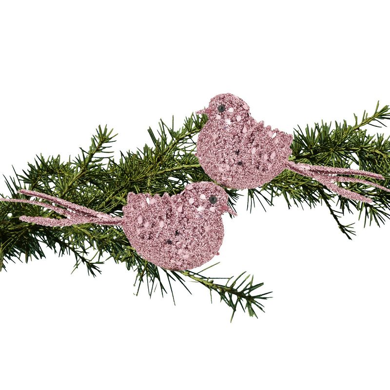 Foto van 2x stuks decoratie vogels op clip glitter roze 12 cm - kersthangers