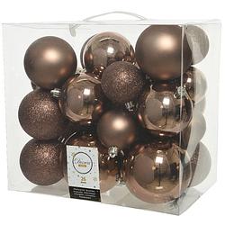 Foto van 26x stuks kunststof kerstballen walnoot bruin 6-8-10 cm glans/mat/glitter - kerstbal