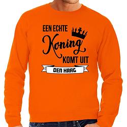 Foto van Oranje koningsdag sweater - echte koning komt uit den haag - heren s - feesttruien