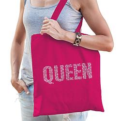 Foto van Glitter queen katoenen tas roze rhinestones steentjes voor dames - glitter tas/ outfit - feest boodschappentassen