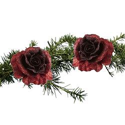 Foto van 2x stuks kerstboomversiering bloemen op clip donkerrood glitter 10 cm - kunstbloemen