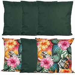 Foto van Bank/tuin kussens set - voor binnen/buiten - 6x stuks - groen/tropical print - 45 x 45 cm - sierkussens